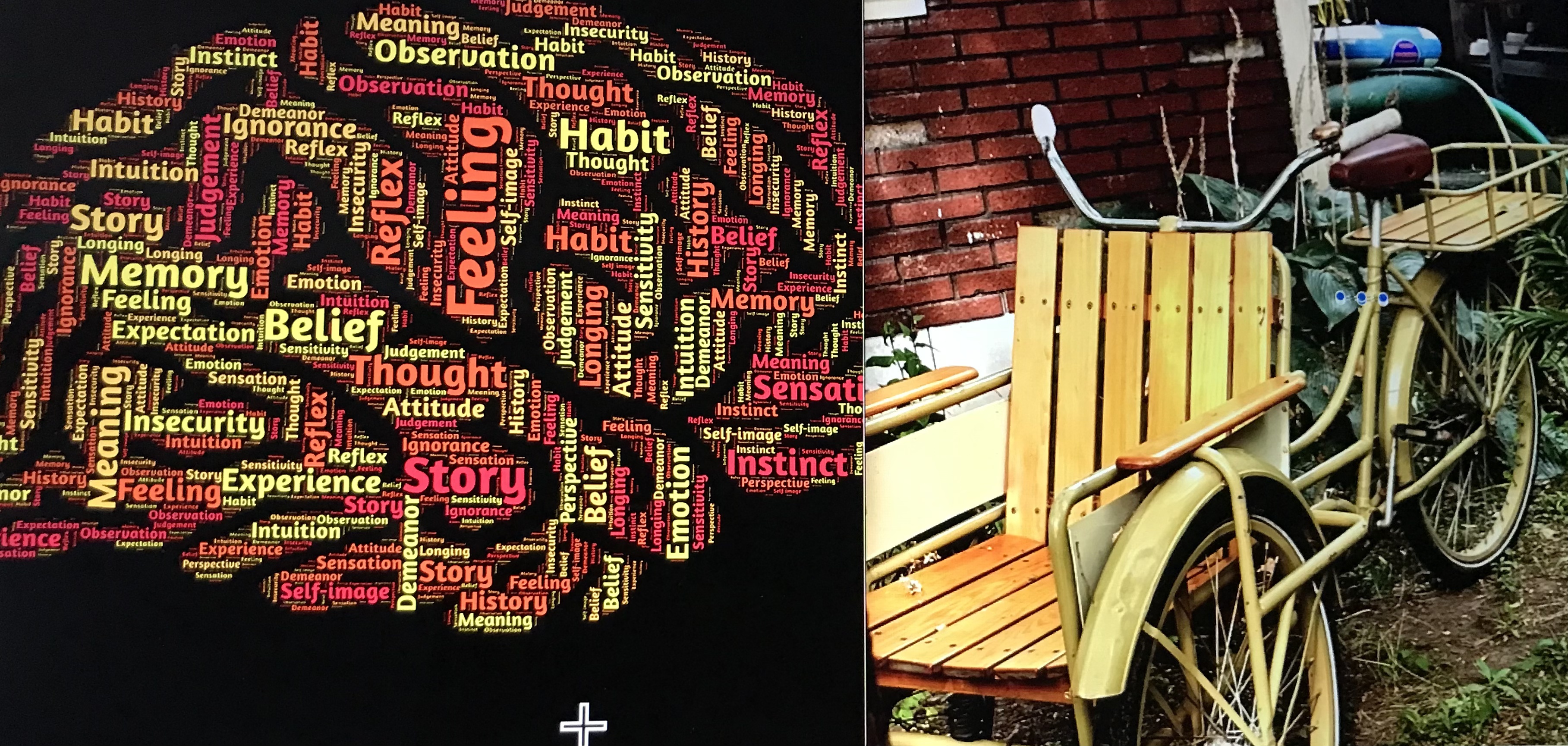 Split image, brain with words on left. Old bicycle with wheelchair attached as front wheel